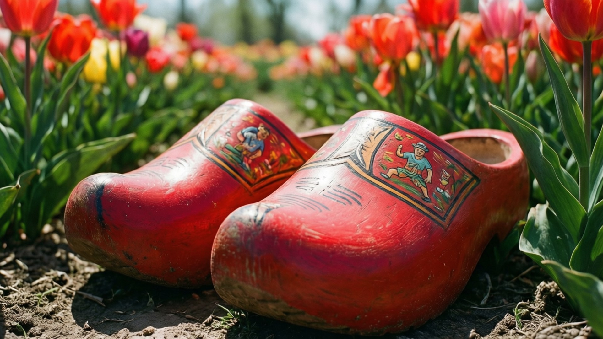 Clogs and Tulips 壁紙 — 一對繪有圖案的紅色木屐在明亮的陽光下，躺在充滿活力的鬱金香花田中。