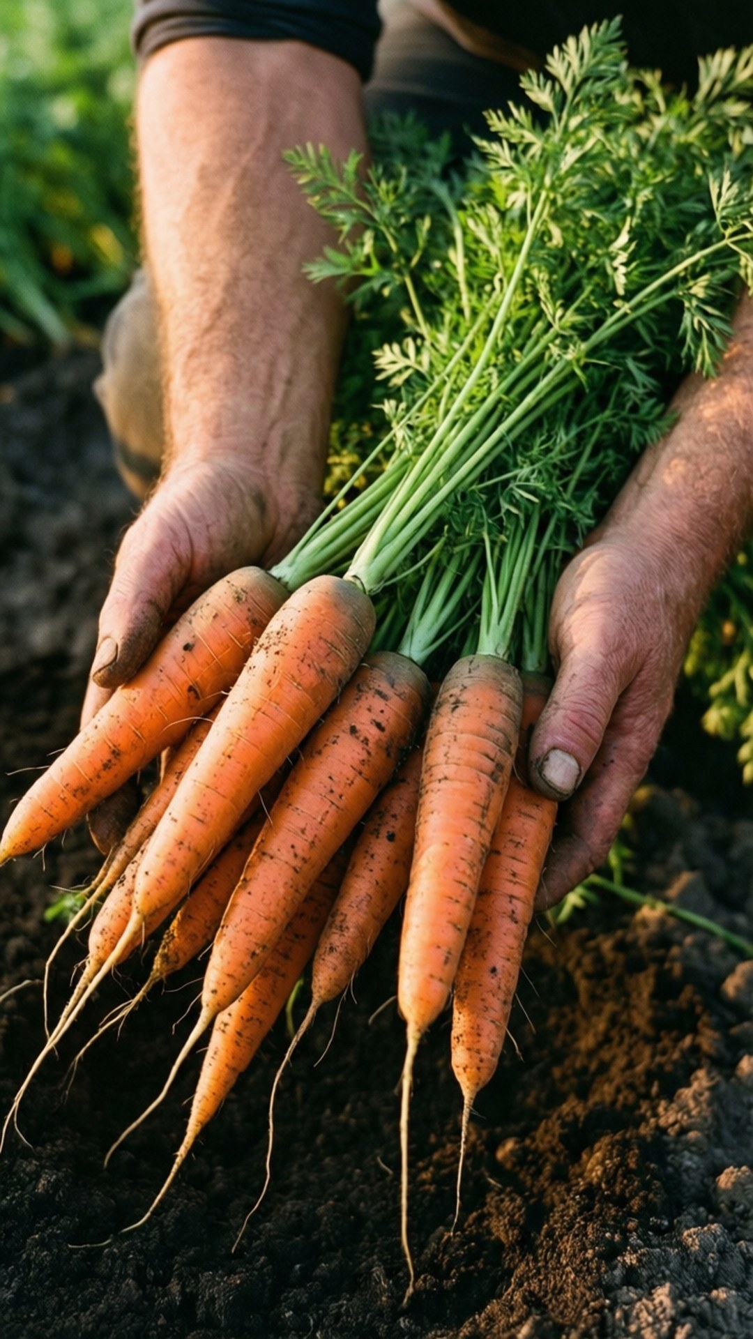 Freshly Harvested Carrots 壁紙 — 一對飽經風霜的手捧著新鮮收成的橙色胡蘿蔔，頂部帶有綠色葉子，背景是深色泥土。