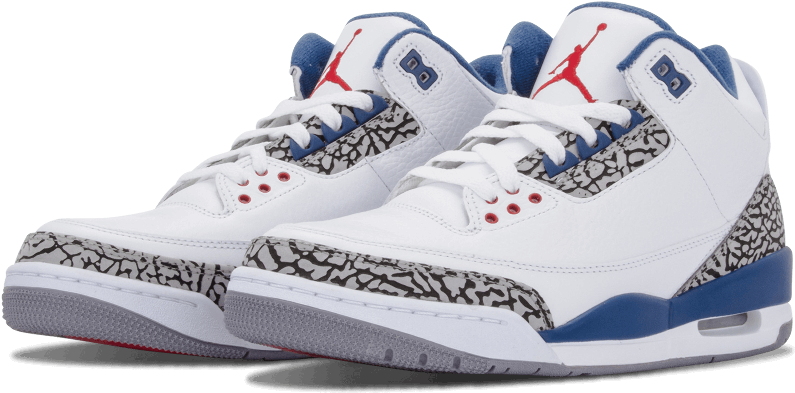 白色、藍色和紅色的 Air Jordan 3 運動鞋，帶有大象印花圖案。 — Air Jordan 壁紙
