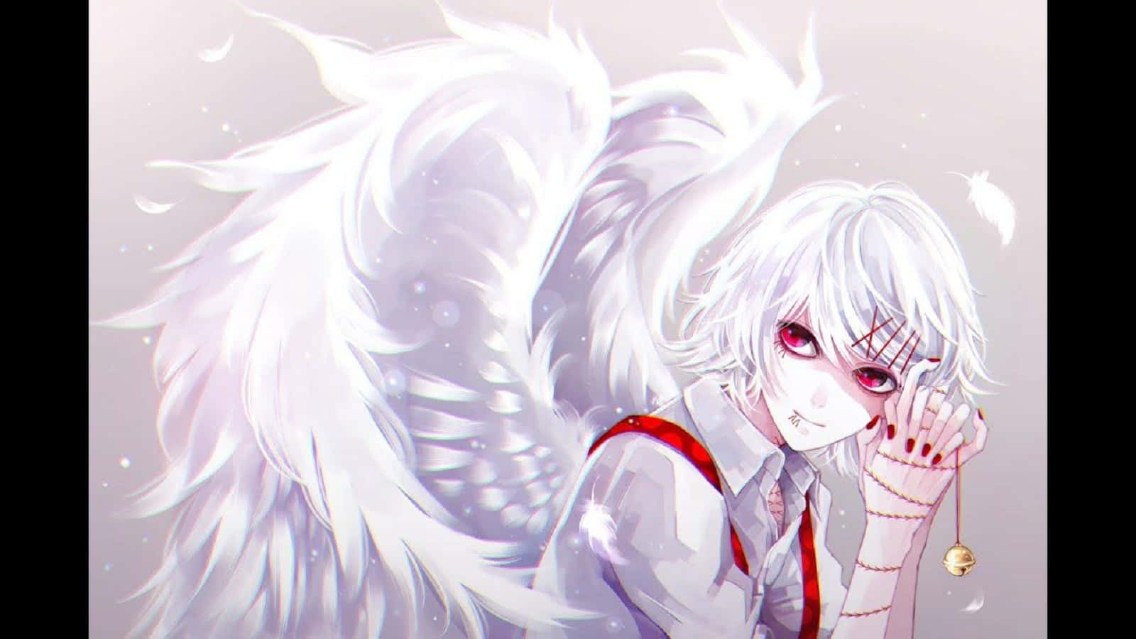 Kishou Arima 桌布 壁紙 — 一個蒼白的動漫天使，白髮紅眼，手持鈴鐺，背後展開巨大的白色翅膀。