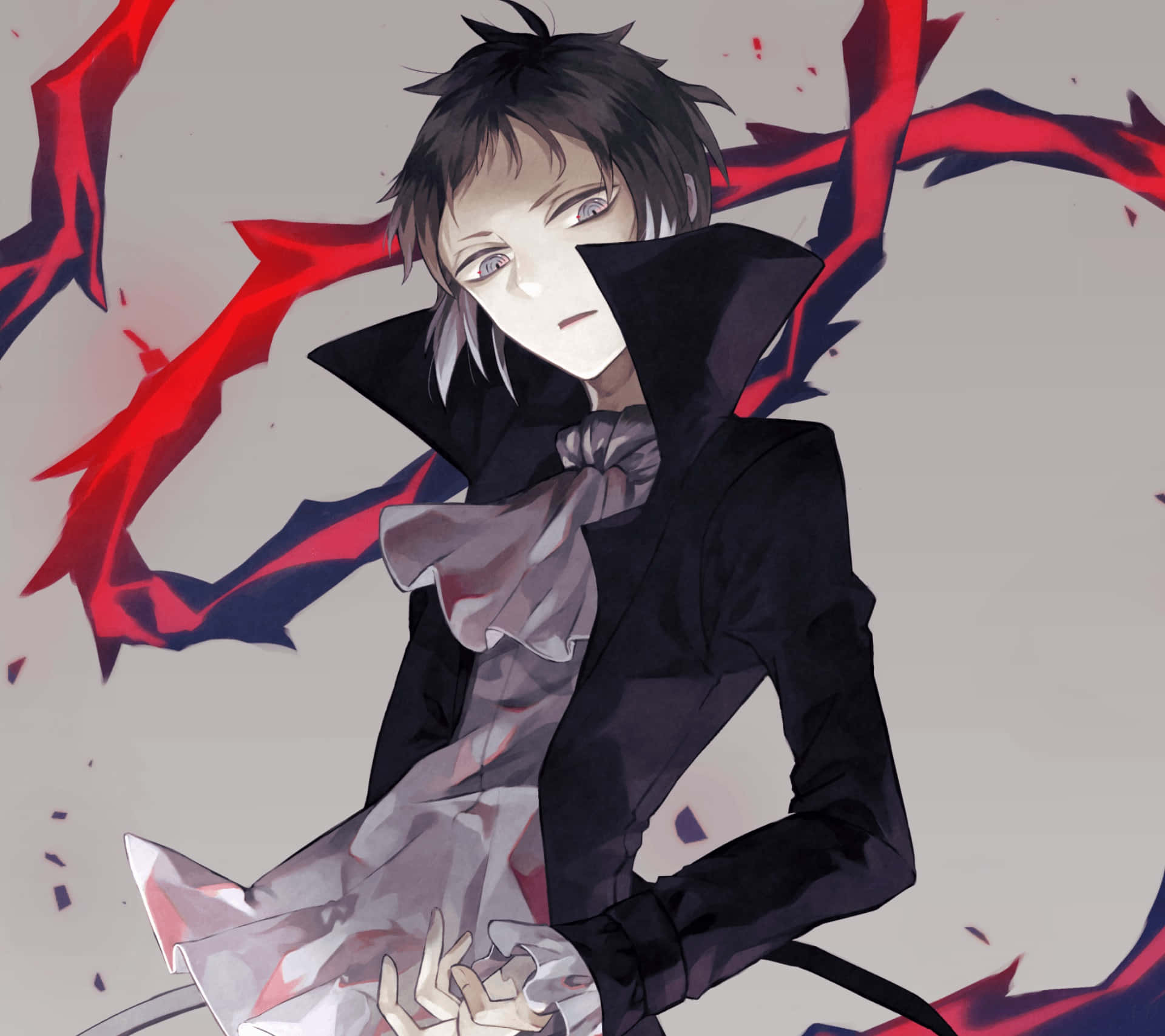 Akutagawa Ryunosuke 桌布 壁紙 — 一個蒼白的動漫角色，深色頭髮，身後有紅色能量爆發，擺出戲劇性的姿勢。
