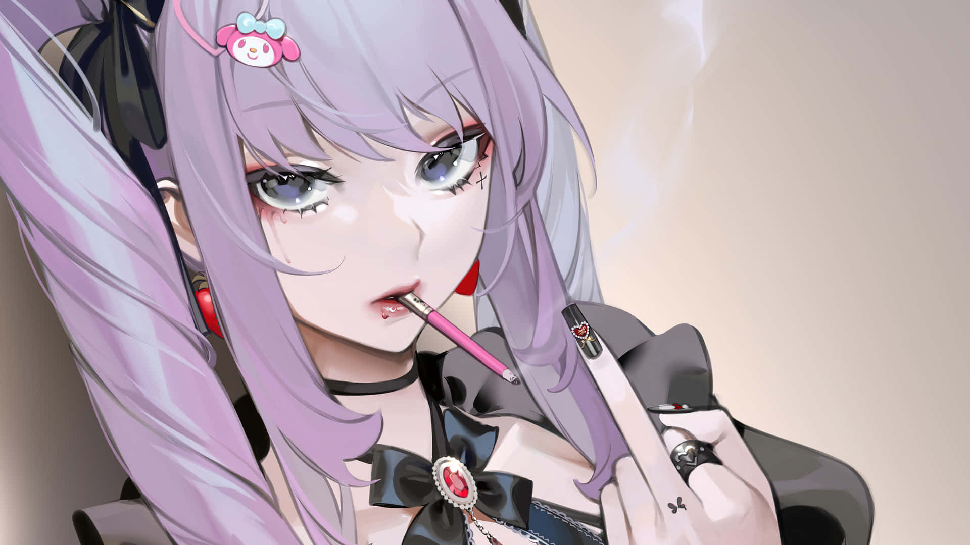  壁紙 — 一個蒼白的動漫女孩，薰衣草色頭髮，抽著粉紅色香煙，穿著黑色哥德式服裝，配戴紅色心形胸針。