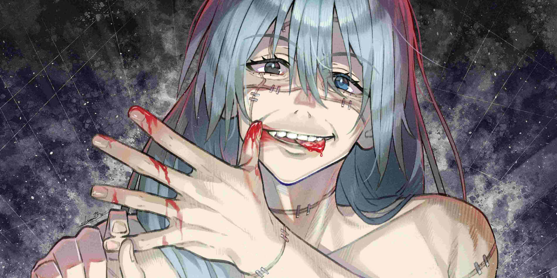  壁紙 — 一個蒼白的動漫女孩，銀色頭髮和縫合傷口，微笑著舉起一隻血淋淋的手，背景是星空宇宙。