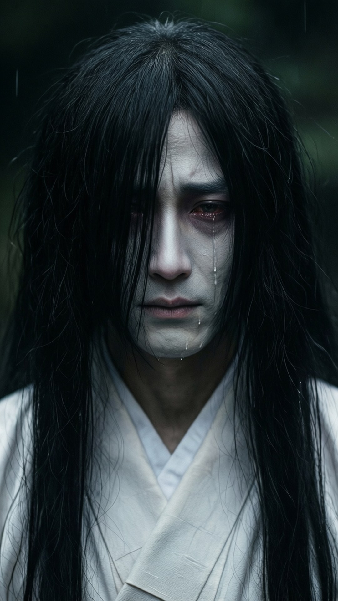 Yurei 桌布 壁紙 — 一個面色蒼白、長黑髮紅眼的人物在夜間雨林中流淚。