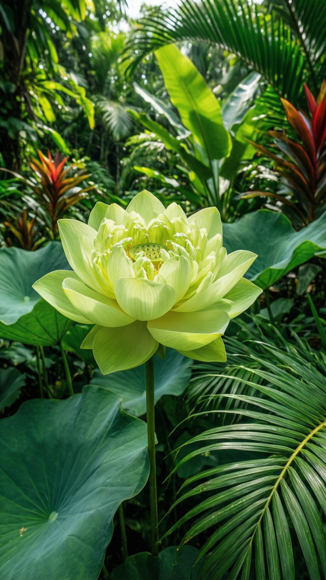 Tropical Lotus 壁紙 — 一朵淡綠色的蓮花在茂密的熱帶植物中盛開，周圍有棕櫚葉和紅葉植物。