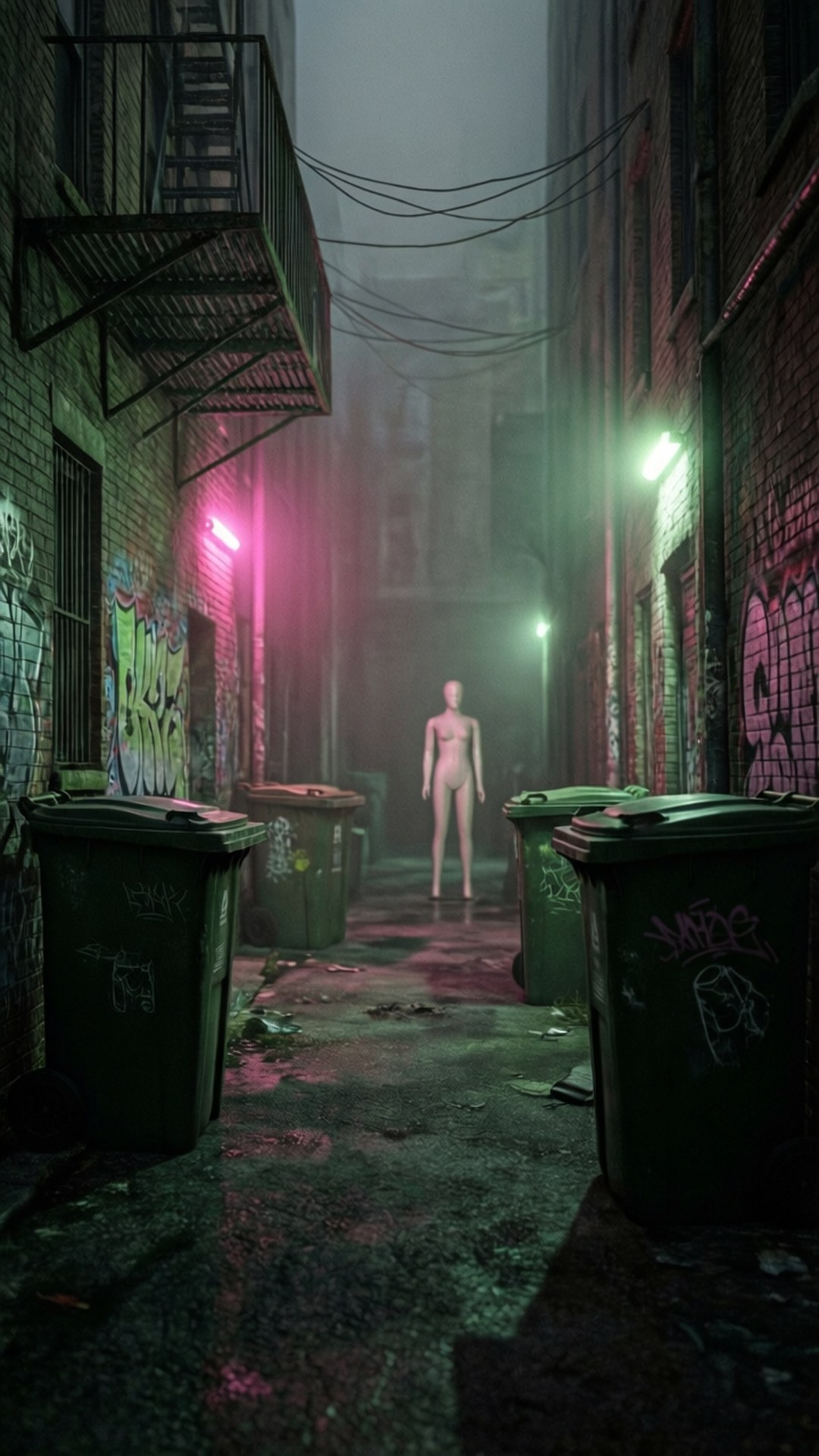 Grunge Alleyway Mannequin 壁紙 — 一個蒼白的人形身影站在霧氣瀰漫的小巷中，兩旁是綠色垃圾箱，上方是粉紅色和綠色的霓虹燈。