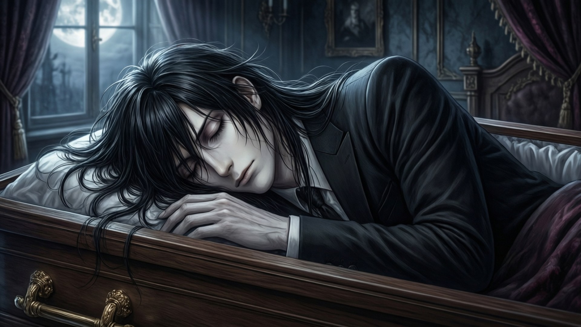 Eternal Slumber 壁紙 — 一個蒼白長黑髮的男人在紫色窗簾的月光窗下的木棺中睡覺。