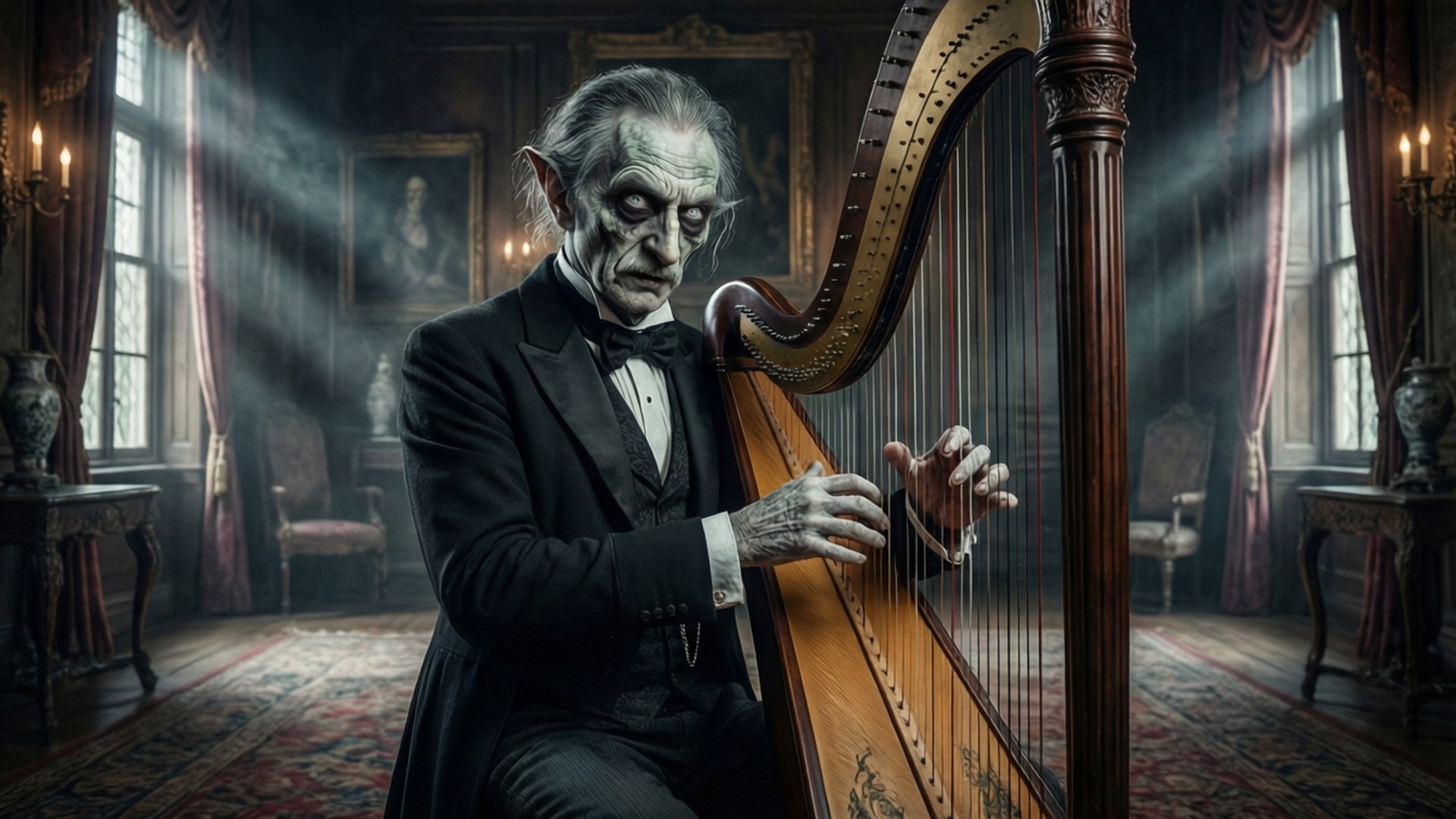 Lurch at the Harpsichord 壁紙 — 一個蒼白的吸血鬼穿著燕尾服，在陽光明媚的哥德式客廳裡彈奏豎琴，客廳裡有華麗的家具和紅色窗簾。