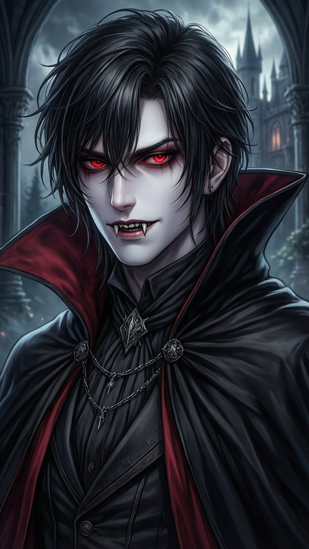 Vampire Noble 壁紙 — 一個蒼白的吸血鬼，有著發光的紅眼睛和尖牙，從黑色斗篷（紅色內襯）下強烈地凝視著哥德式城堡背景。