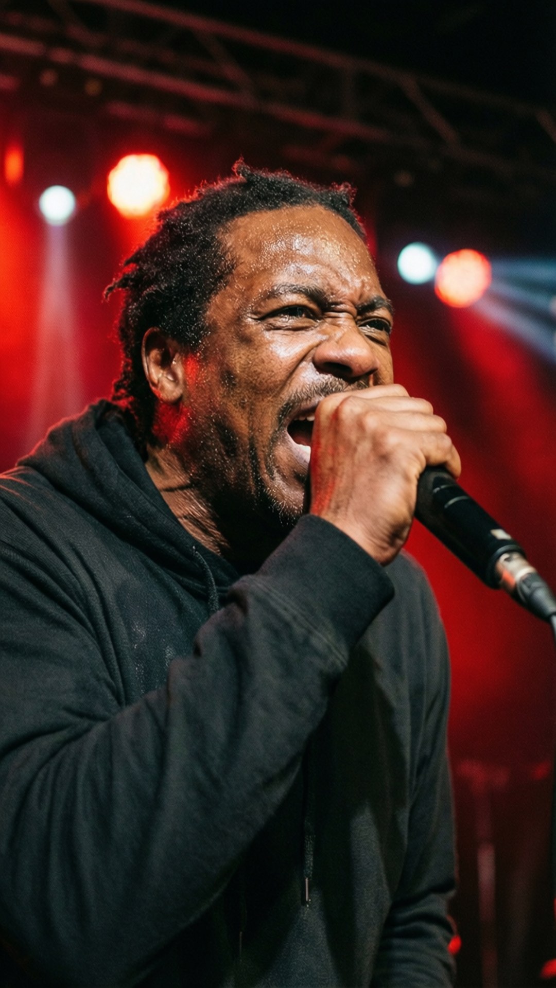 Chuck D Live Energy 壁紙 — 一位充滿熱情的男歌手在鮮紅的舞台燈光下，帶著強烈的面部表情對著麥克風高歌。