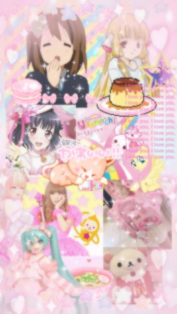  壁紙 — 粉彩粉紅動漫拼貼畫，以可愛女孩、甜點和毛絨玩具為特色，帶有閃光和心形。