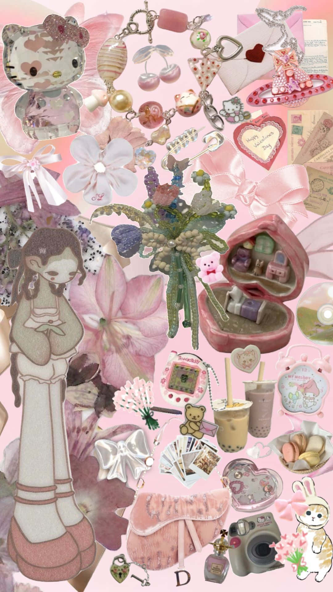  壁紙 — 粉彩色粉紅色的可愛物品拼貼，包括Hello Kitty吊飾、花朵、珍珠奶茶和復古小工具。