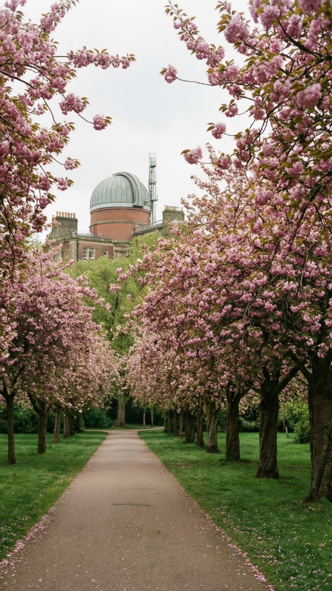 Greenwich Cherry Blossom 壁紙 — 一條兩旁開滿粉紅色櫻花樹的小路通往一個有綠色圓頂的歷史天文台。