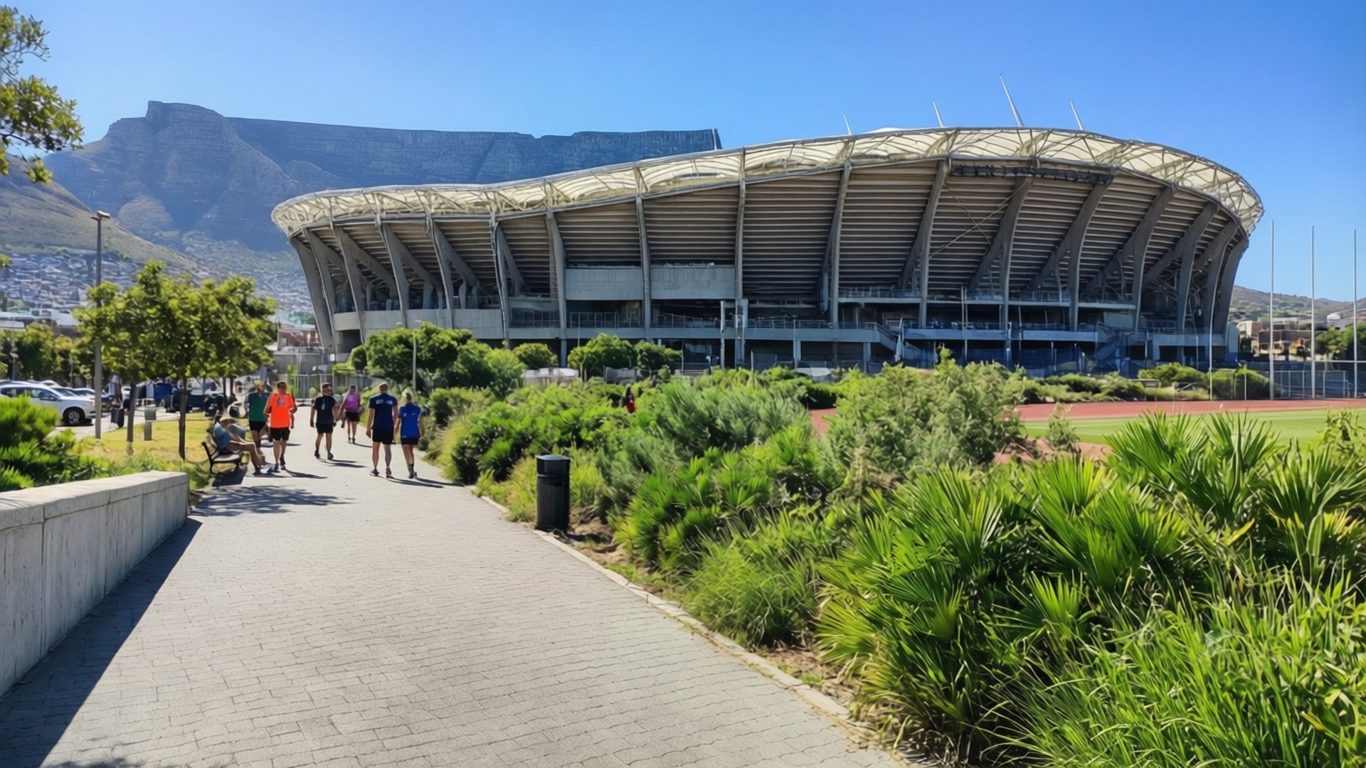 Green Point Park 壁紙 — 一條鋪砌的小徑蜿蜒穿過茂密的綠植，通向一個擁有弧形屋頂的現代化體育場，以桌山為背景，天空湛藍清澈。