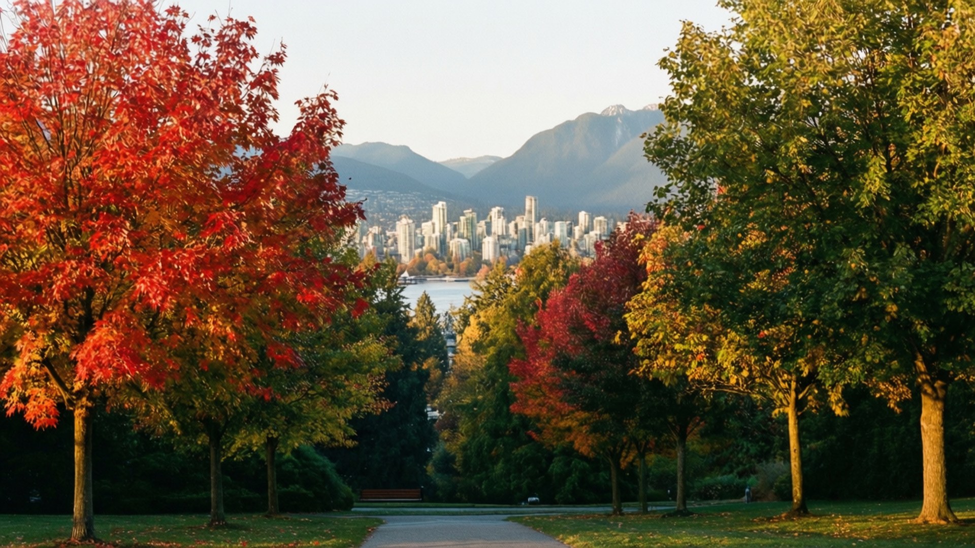 Stanley Park Autumn Path 壁紙 — 一條鋪砌的小徑蜿蜒穿過秋樹，樹葉火紅金黃，通向位於水域和雪山之間的城市天際線。