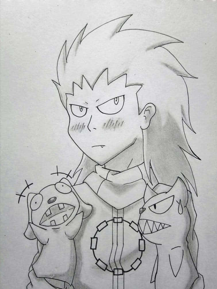 Kensuke Midorikawa 桌布 壁紙 — 一幅鉛筆素描，畫中一個憤怒的動漫男孩，兩側有兩個兇猛的怪物同伴。