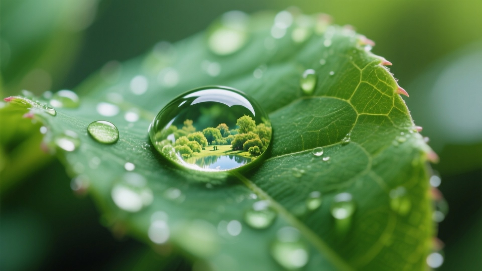 Dewdrop Microcosm 壁紙 — 一片充滿活力的綠葉上，完美的露珠映照出被茂密樹木環繞的寧靜森林湖泊。