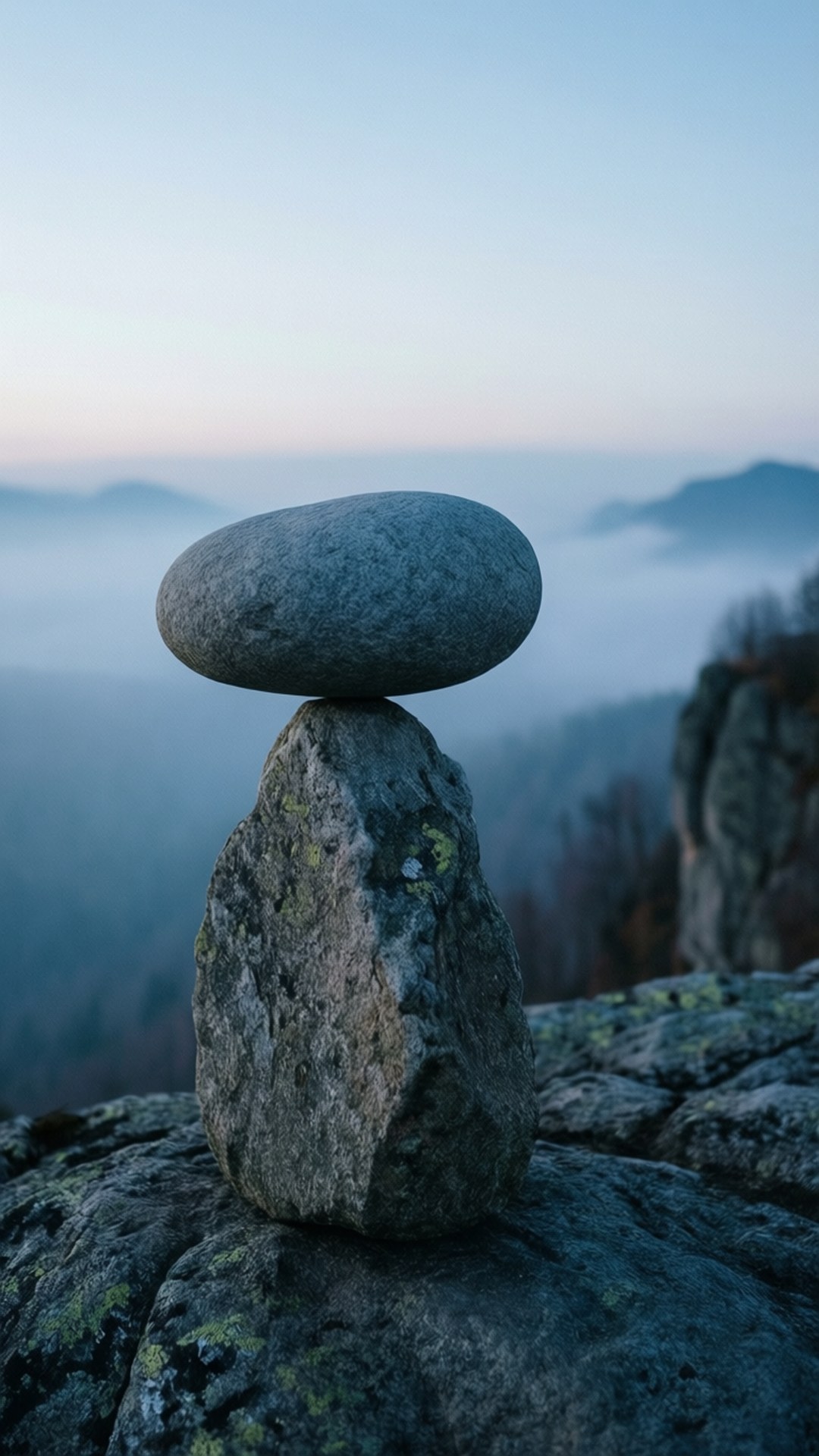 Altruism 桌布 壁紙 — 一塊完美平衡的光滑石頭，棲息在較粗糙的岩石上，背景是黎明時分霧氣繚繞的山巒。