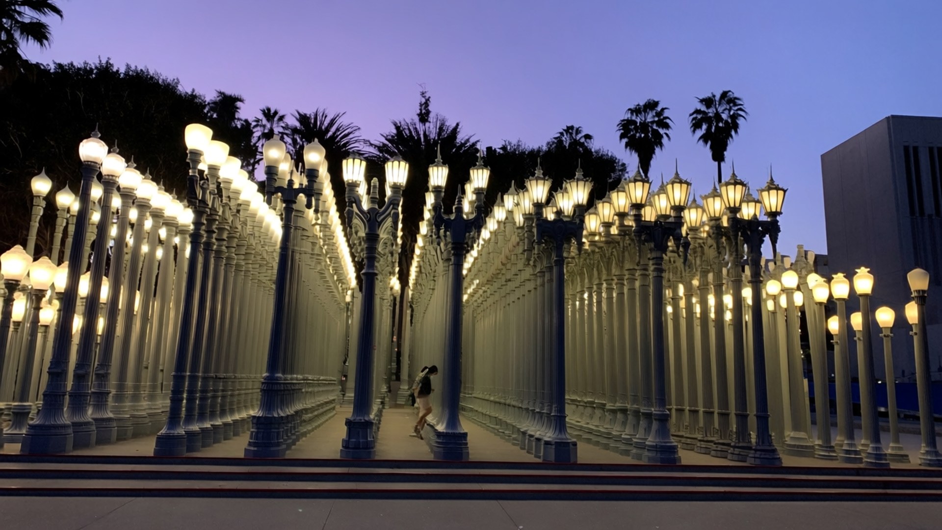 LACMA Urban Light 壁紙 — 一個人在黃昏時分穿過一條對稱的隧道，隧道內有發光的復古街燈，背景有棕櫚樹和紫色天空。