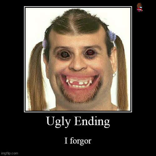 一個紮辮子的人露出寬闊笑容，下方有文字寫著 Ugly Ending I forgor — Meme 壁紙