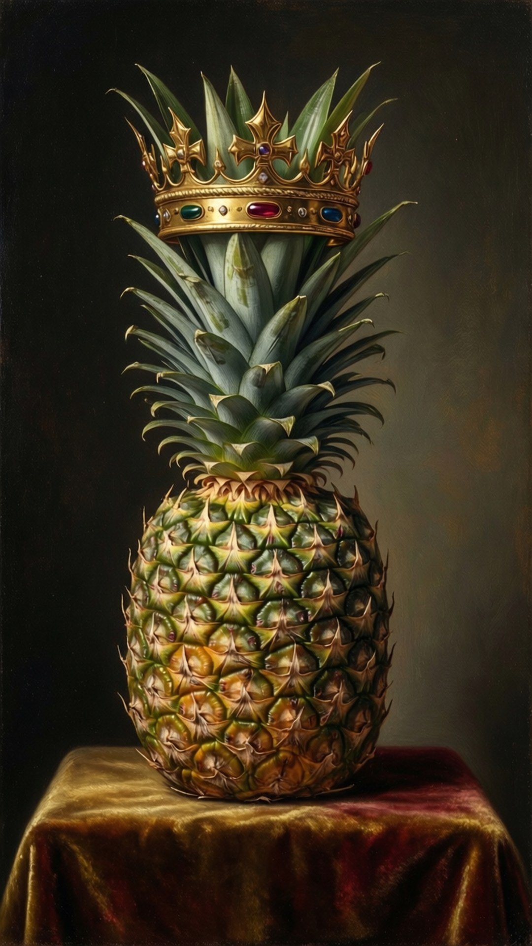 Royal Pineapple 壁紙 — 一個鳳梨戴著鑲有寶石的金色皇冠，莊嚴地坐在深色背景前的天鵝絨布上。