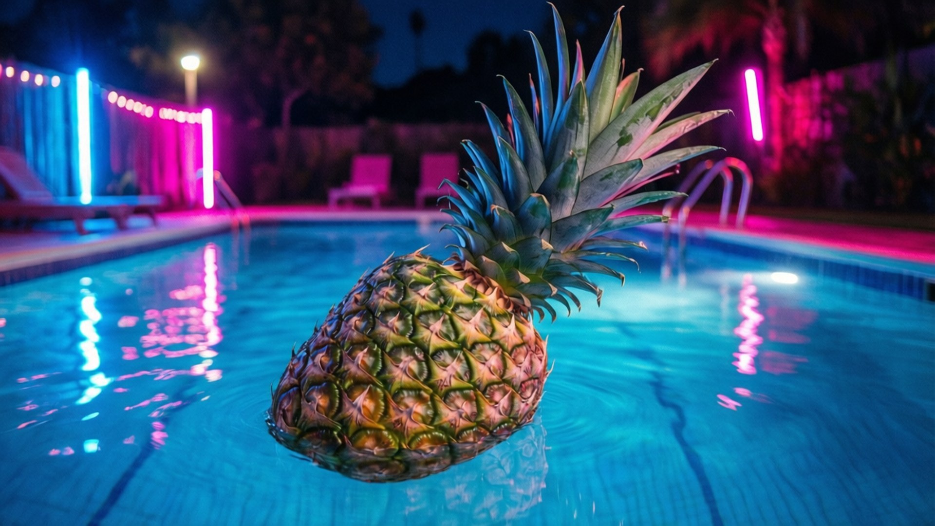 Neon Pool Pineapple 壁紙 — 一個鳳梨在夜晚漂浮在霓虹燈照亮的游泳池中，粉紅色和藍色的燈光反射在水面上。