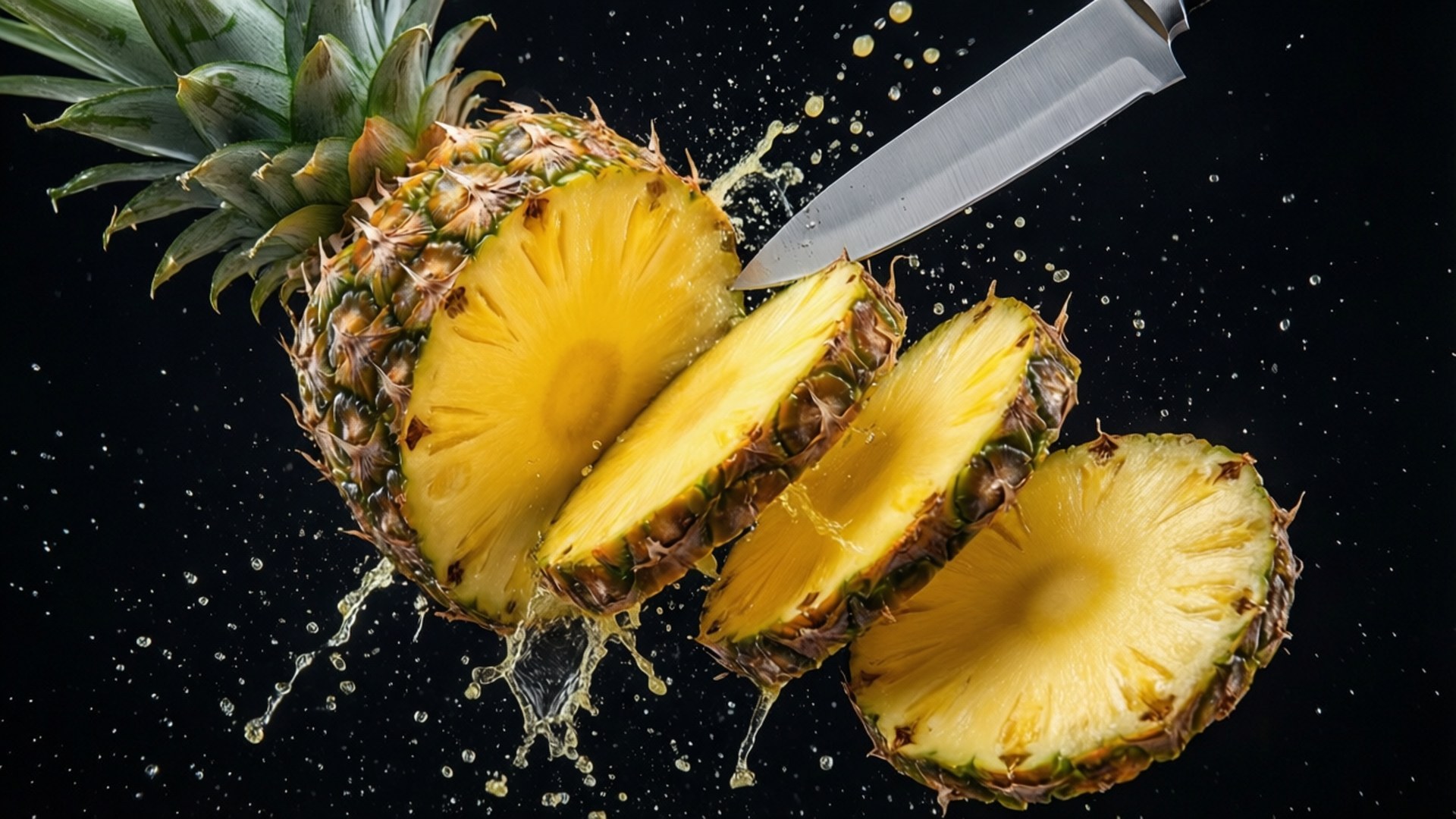 Slicing Pineapple Action 壁紙 — 一個鳳梨在空中被刀切開，果汁噴灑在黑色背景上。