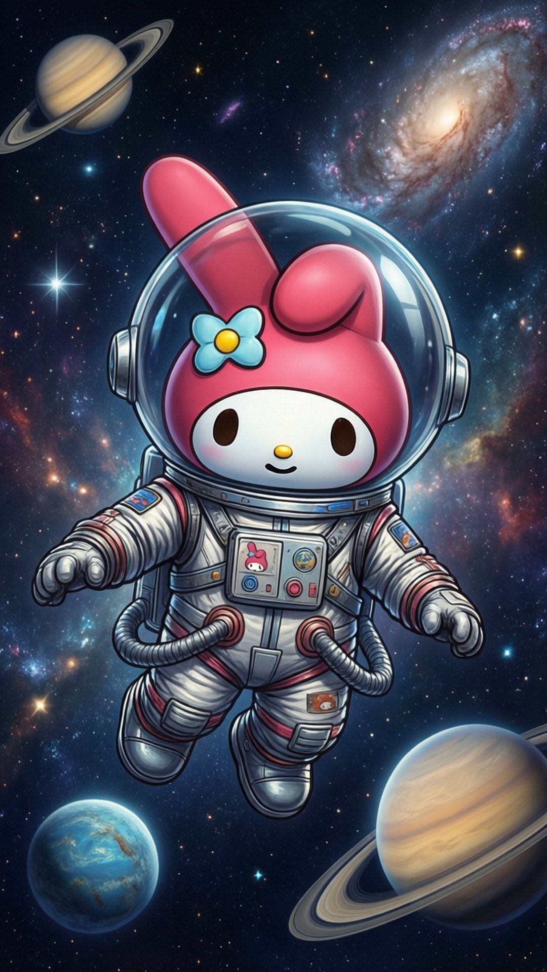 桌布 壁紙 — 一隻粉紅色兔子太空人漂浮在太空，周圍環繞著行星和發光的星系。