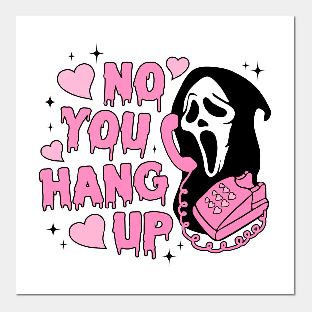  壁紙 — 粉紅色滴落文字寫著「NO YOU HANG UP」，旁邊有一個鬼魂拿著帶心形的粉紅色旋轉電話。