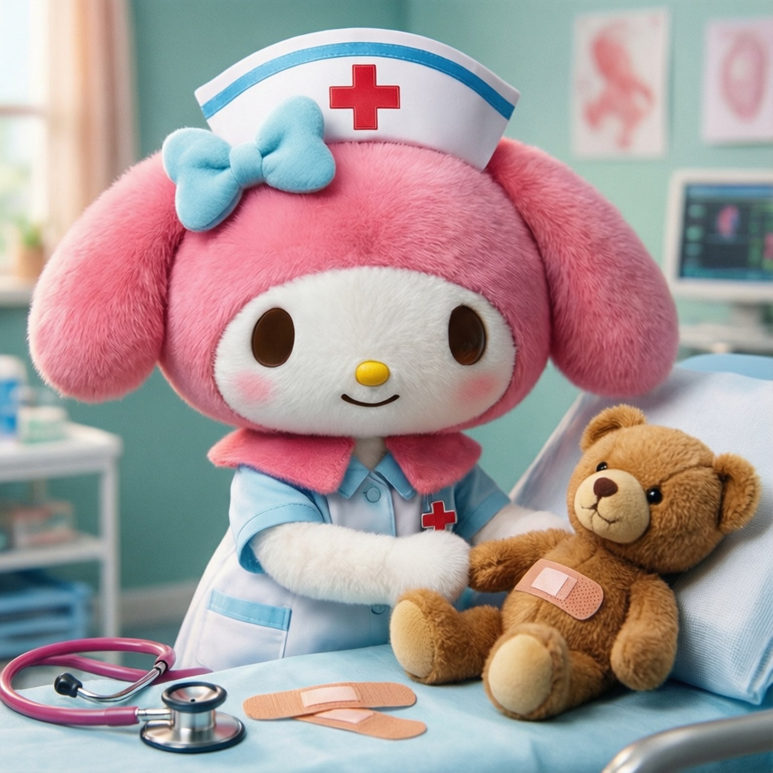 Nurse My Melody 壁紙 — 粉紅色My Melody絨毛角色穿著護士服，在病房裡溫柔地檢查一隻泰迪熊病人。