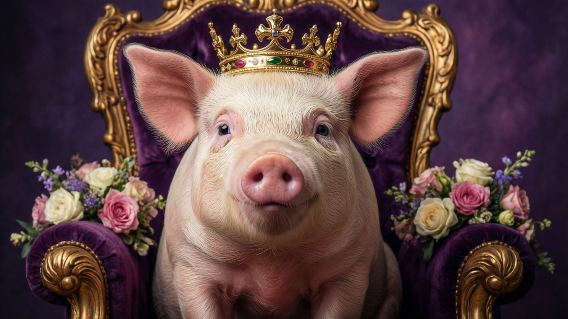 Royal Pig on Flower Throne 壁紙 — 一隻粉紅色的豬戴著鑲有寶石的王冠，威嚴地坐在一個裝飾著花卉佈置的紫色天鵝絨寶座上。