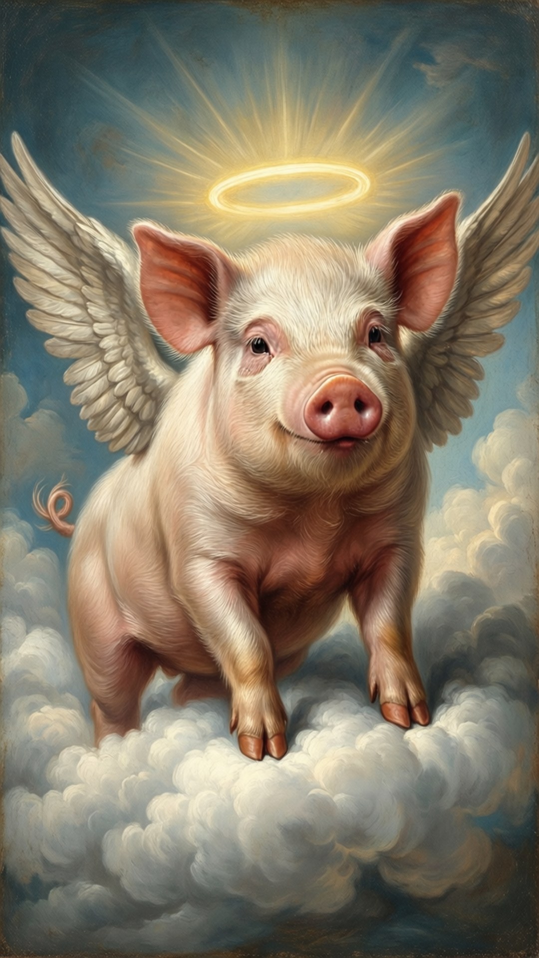 Angel Pig 壁紙 — 一隻粉紅色的豬長著天使翅膀和金色光環，站在蓬鬆的雲朵上，背景是深藍色的天空。