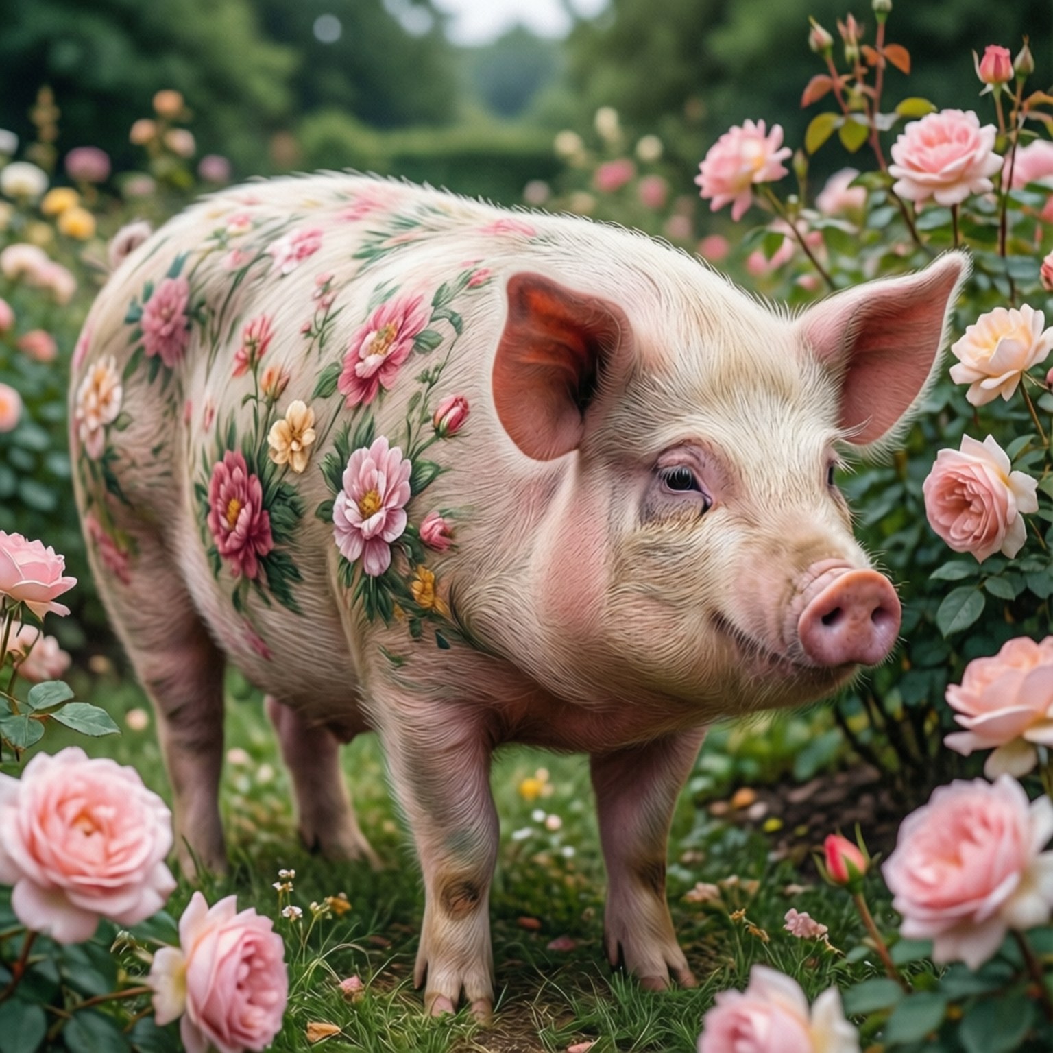 Floral Garden Pig 壁紙 — 一隻帶有花卉紋身的粉紅色豬站在花園中，周圍盛開著玫瑰。