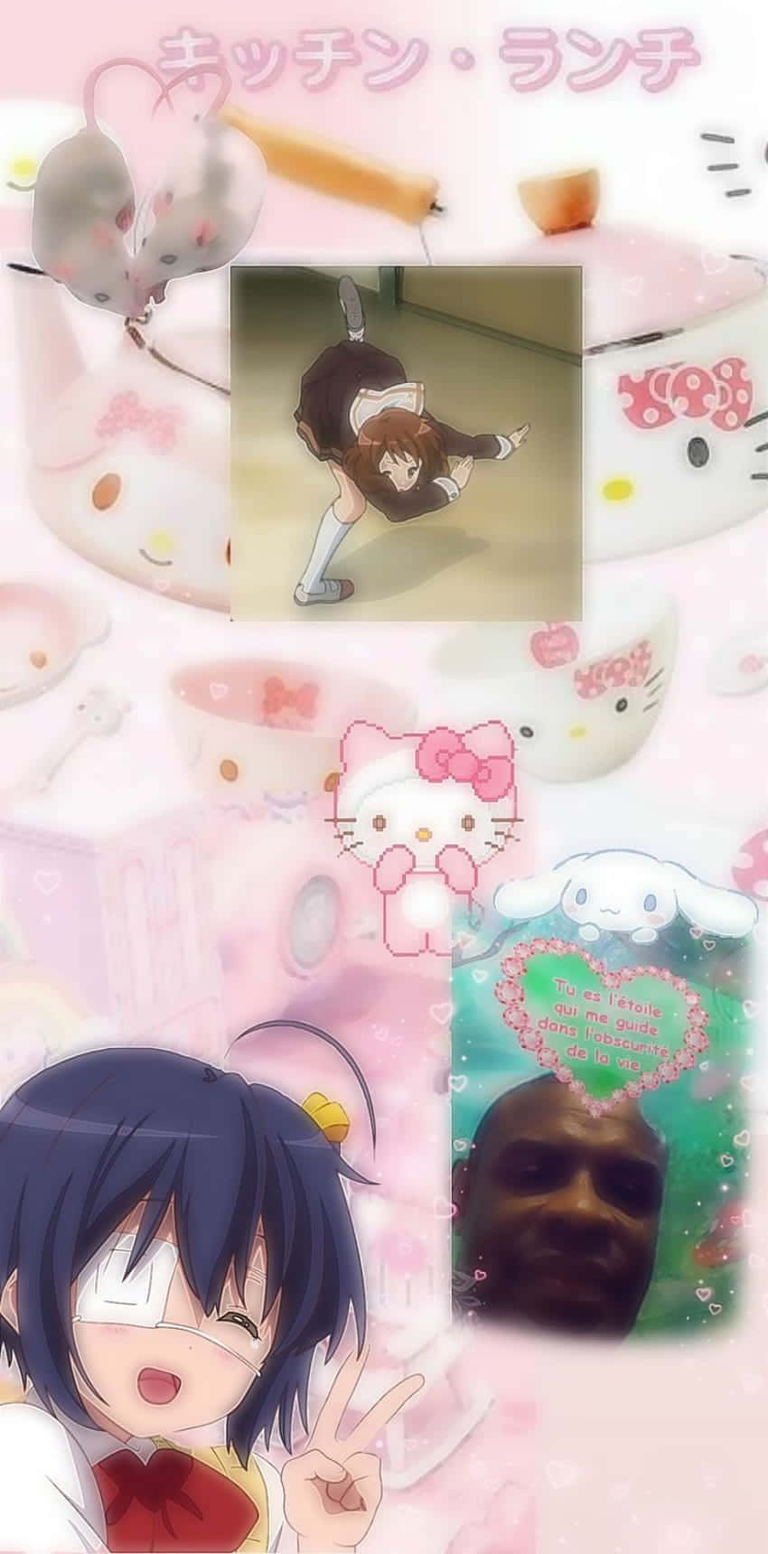  壁紙 — 以粉紅色為主題的拼貼畫，包含動漫角色和Hello Kitty商品，以及一張人物的小照片。