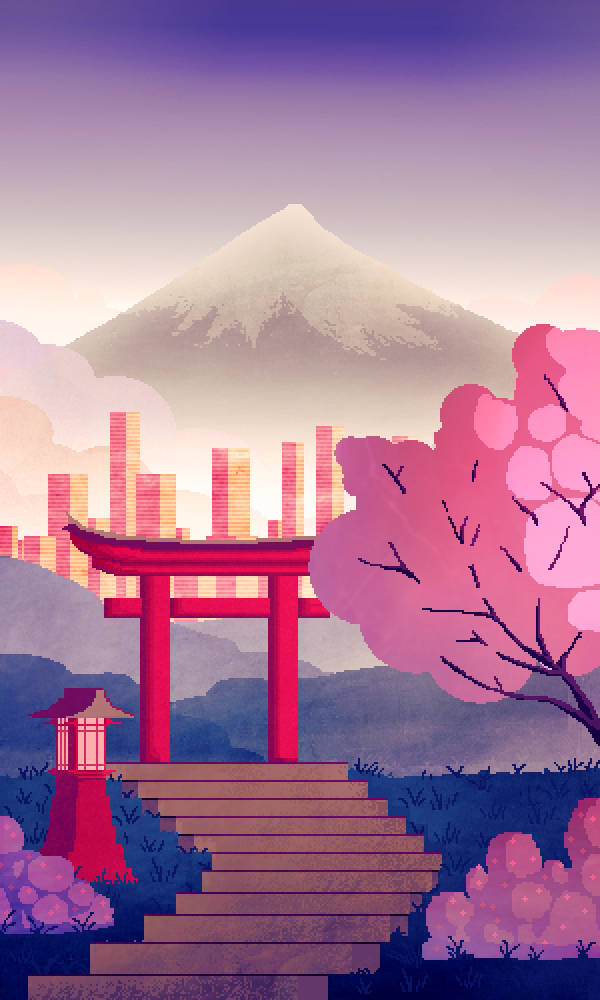 紅色神社大門，階梯，櫻花，富士山，夕陽。 — 8位元日本 壁紙