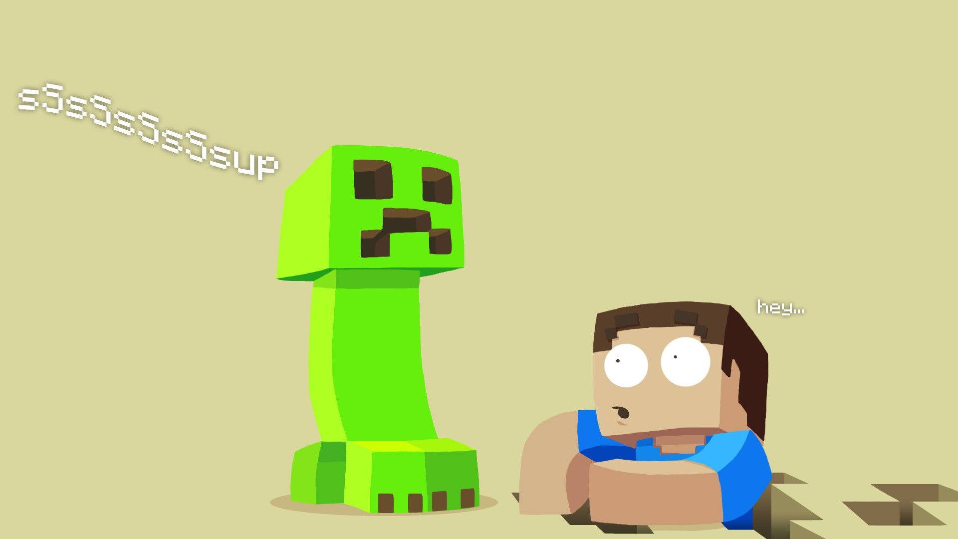 像素藝術風格的Minecraft苦力怕和史提夫，帶有驚訝的表情。 — Meme 壁紙
