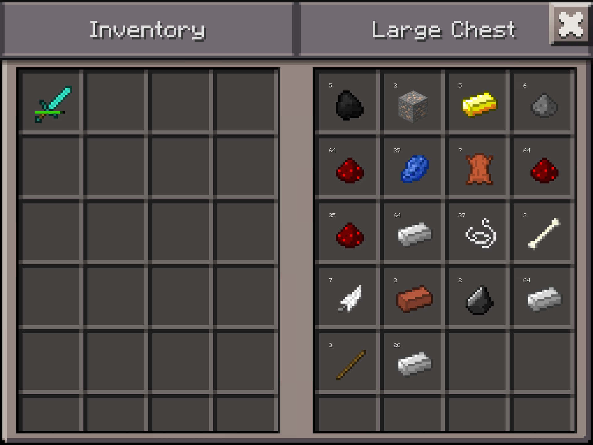 Minecraft物品欄畫面，顯示鑽石劍和物品在一個大儲物箱中。 — 我的世界 鑽石 壁紙