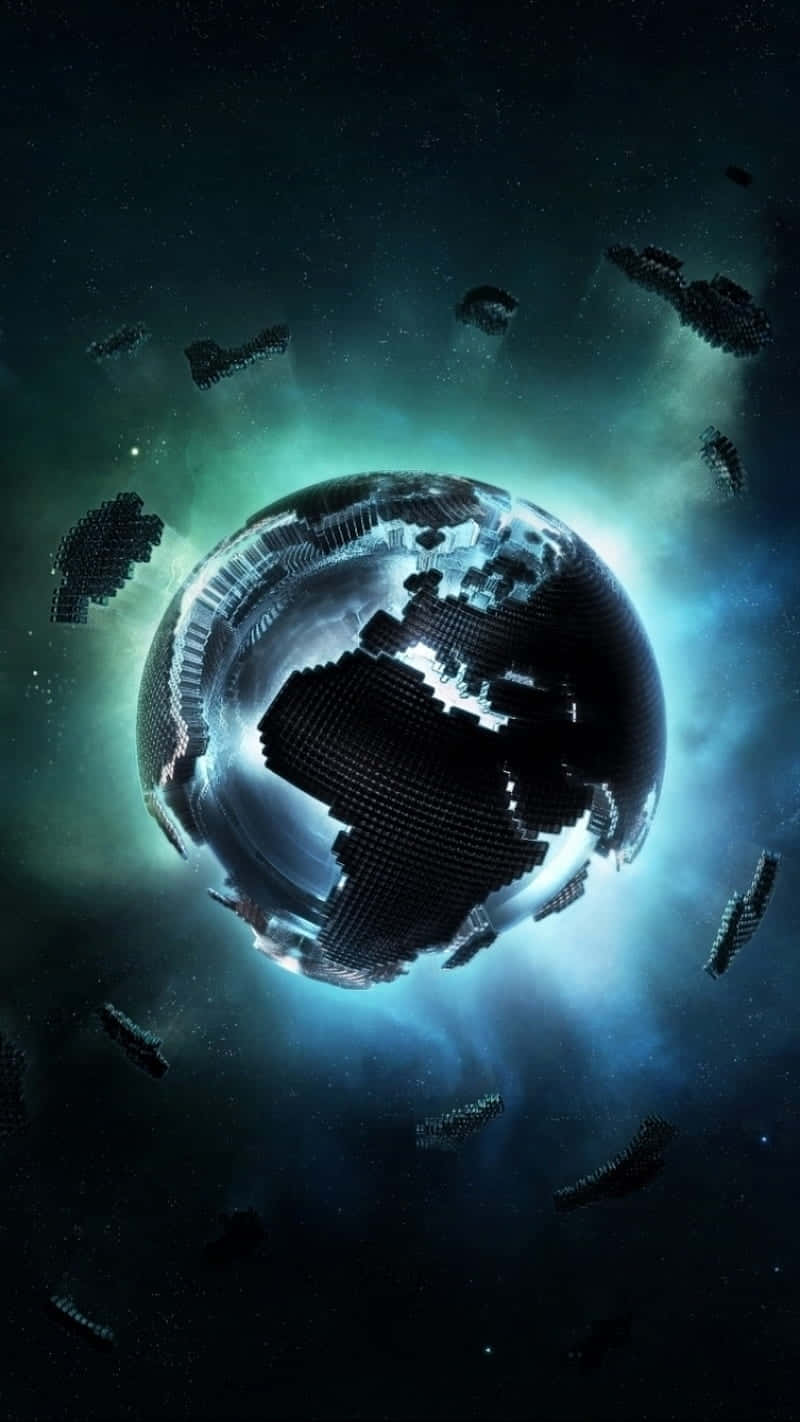  壁紙 — 一個像素化的行星漂浮在宇宙空間中，周圍環繞著散發藍色和綠色星雲光芒的浮動數位碎片。