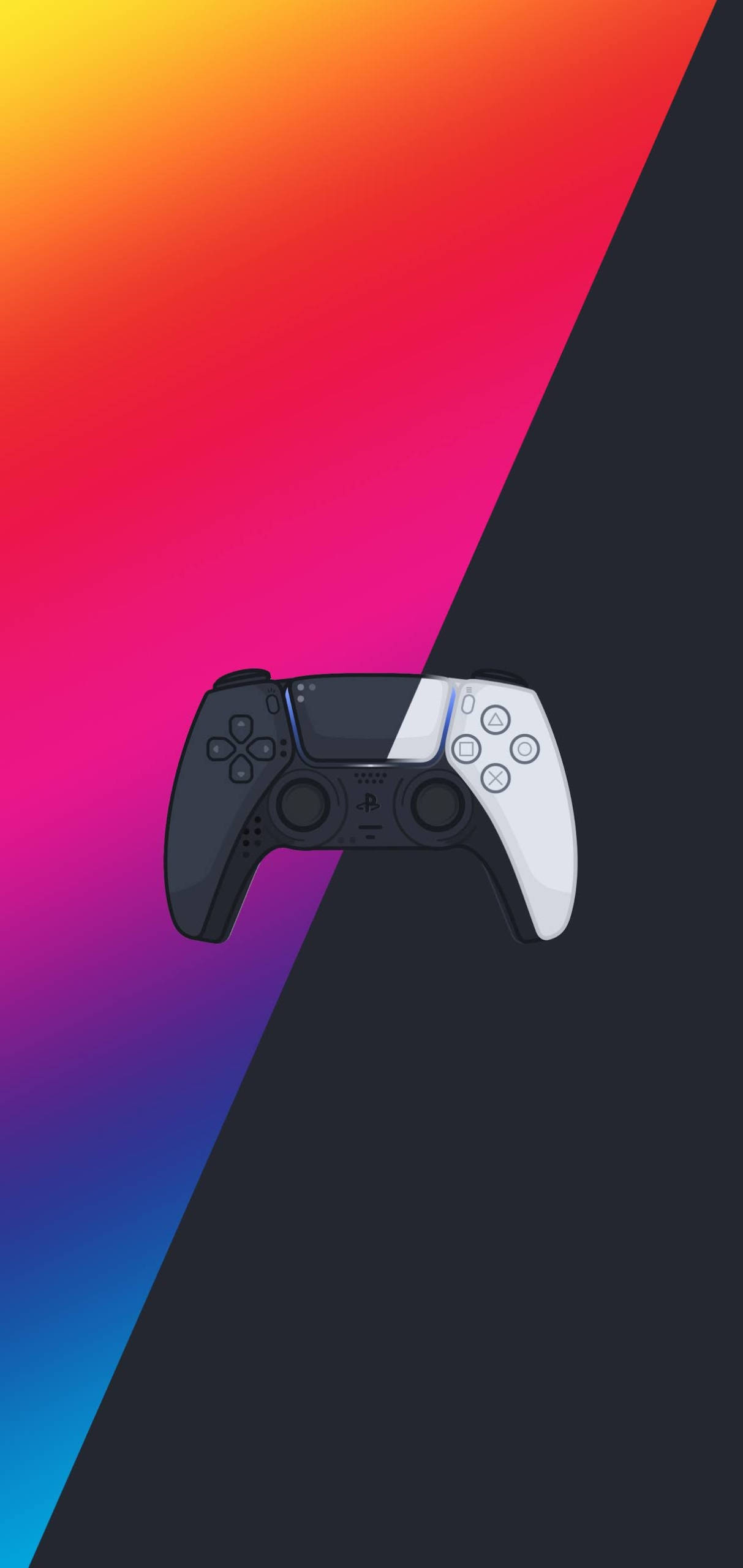 PS5 動態圖片 桌布 壁紙 — PlayStation 5 DualSense 控制器置於充滿活力的漸變分割背景中央。