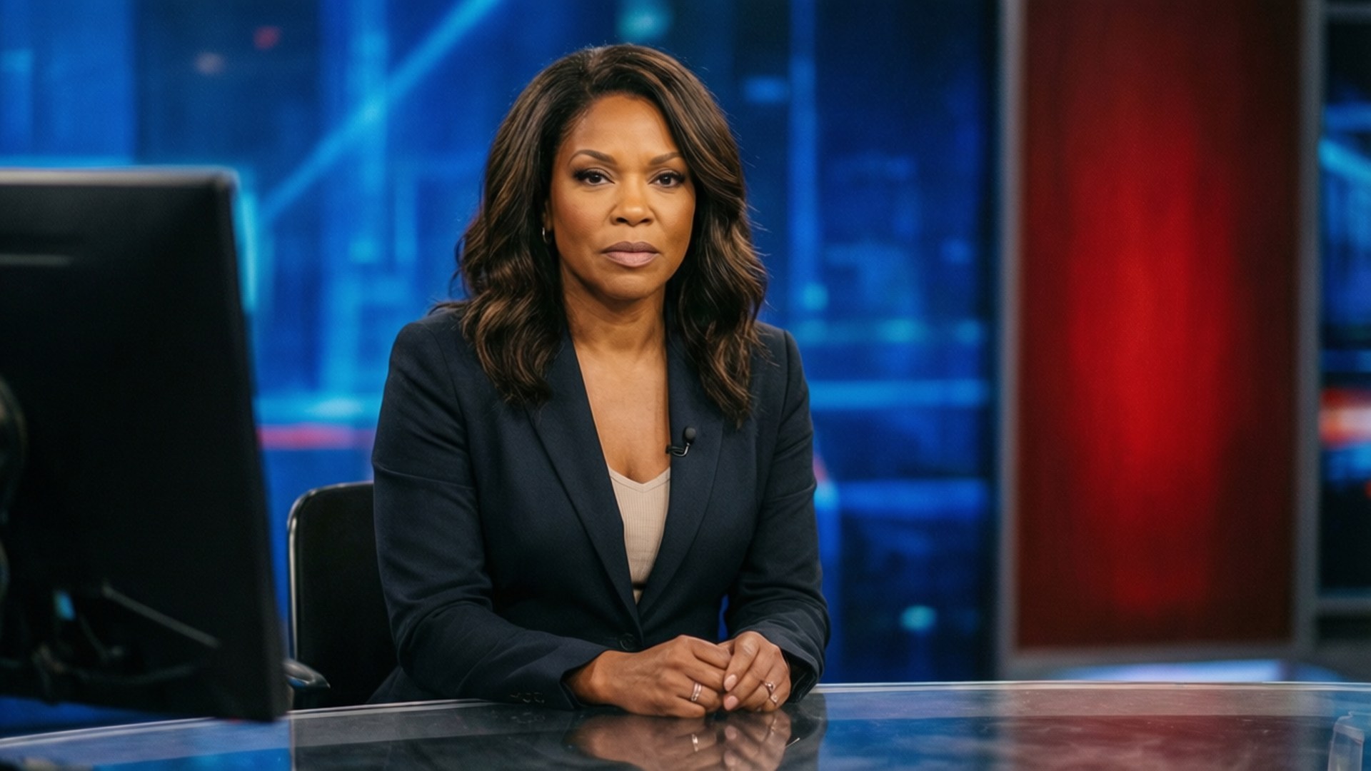 gabrielle union 桌布 壁紙 — 一位沉穩的新聞主播坐在現代化工作室的時尚玻璃桌前，工作室內有藍色和紅色燈光。