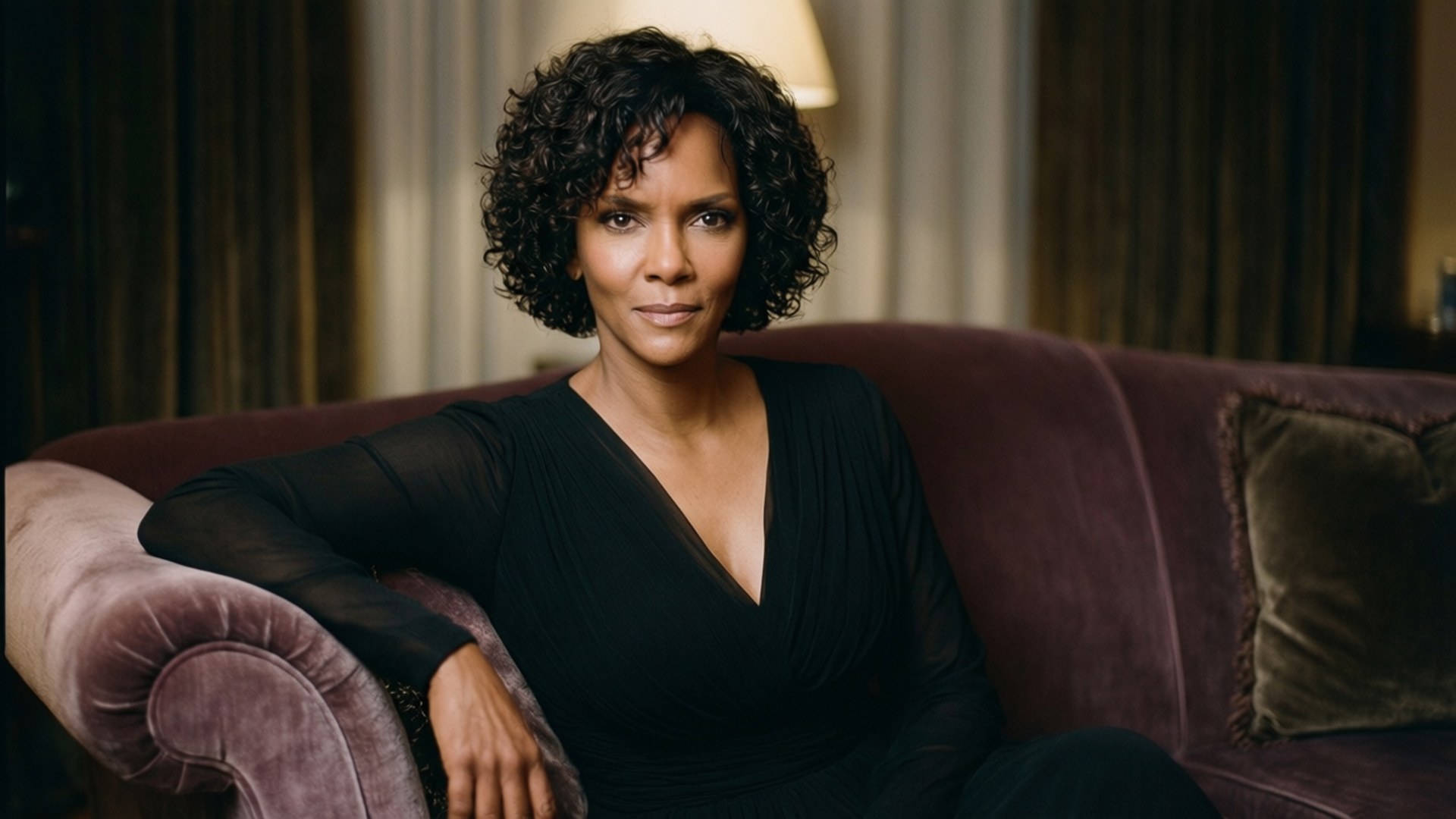 Halle Berry 桌布 壁紙 — 一位優雅的捲髮女性自信地坐在溫暖燈光房間內的豪華酒紅色天鵝絨沙發上。