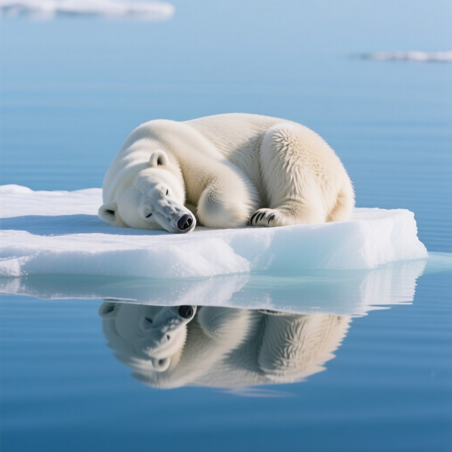 Sleeping on Iceberg 壁紙 — 一隻北極熊在漂浮的冰塊上安詳地睡覺，牠的倒影完美地映照在平靜的藍色水面上。