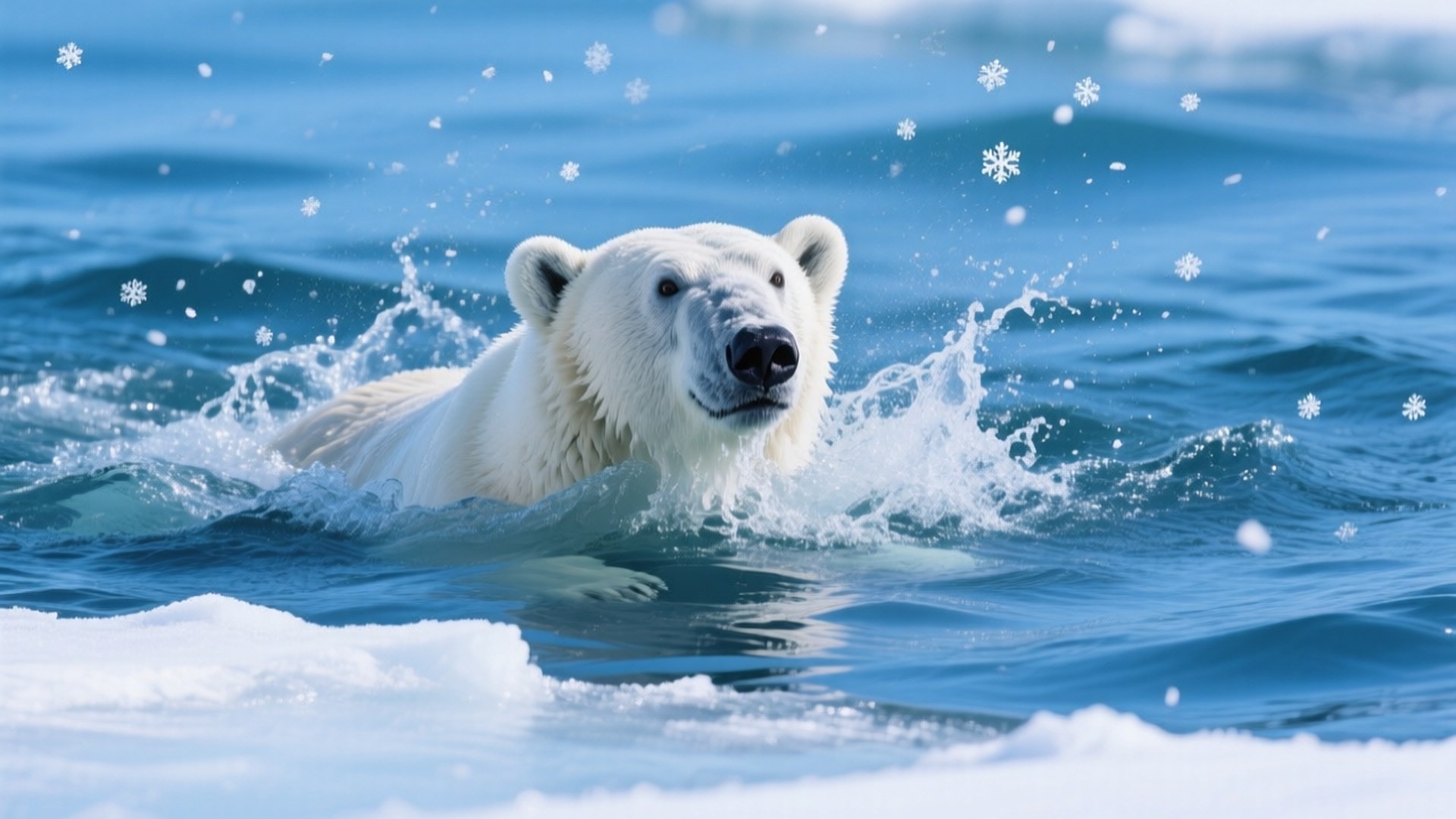 Polar Bear Swim 壁紙 — 一隻北極熊在冰冷的藍色海水中強力地游泳，周圍雪花飄落。