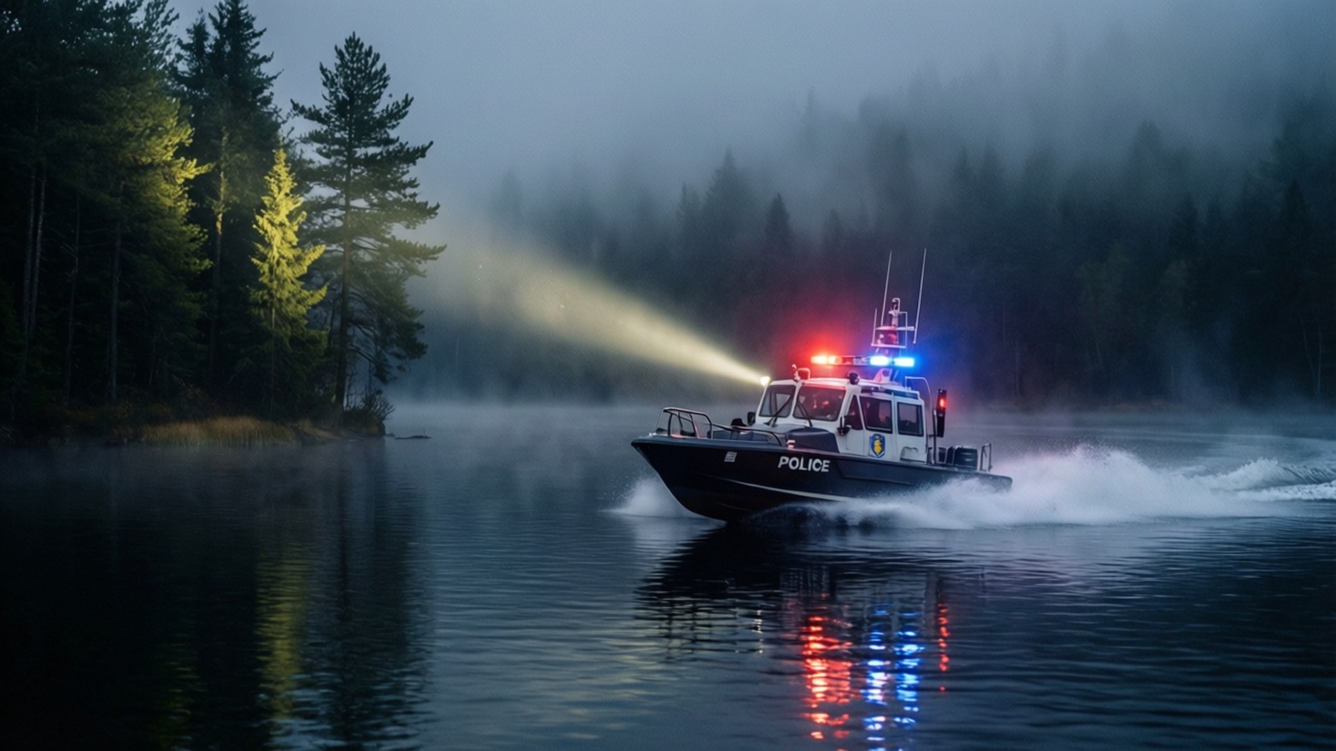 Water Patrol 壁紙 — 一艘警用快艇閃爍紅藍燈光，在夜間穿過松樹附近的霧氣水面。