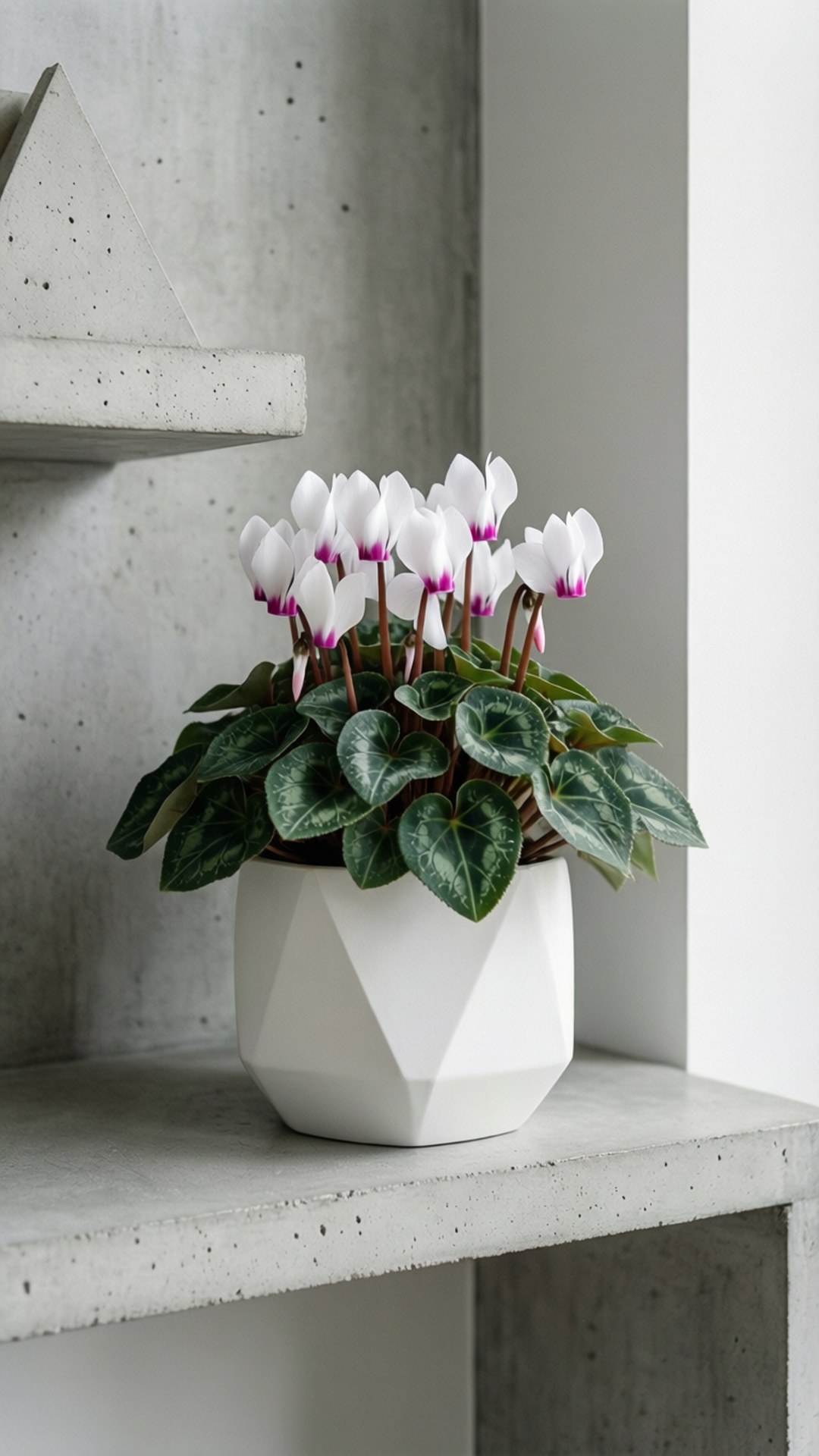 Modern Minimal Cyclamen 壁紙 — 一盆白色花瓣尖端粉紅的仙客來，在幾何架子旁邊的混凝土架子上盛開。