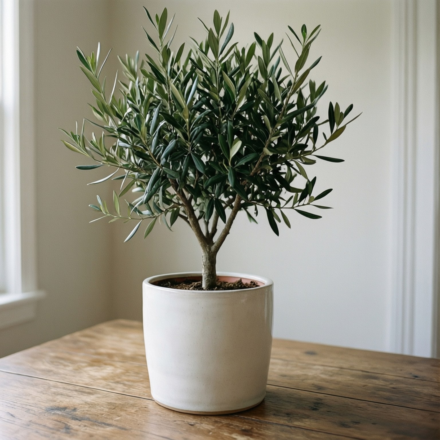 Minimalist Potted Olive 壁紙 — 一棵盆栽橄欖樹，長滿茂盛的綠葉，放在靠近明亮窗戶的鄉村風格木桌上。