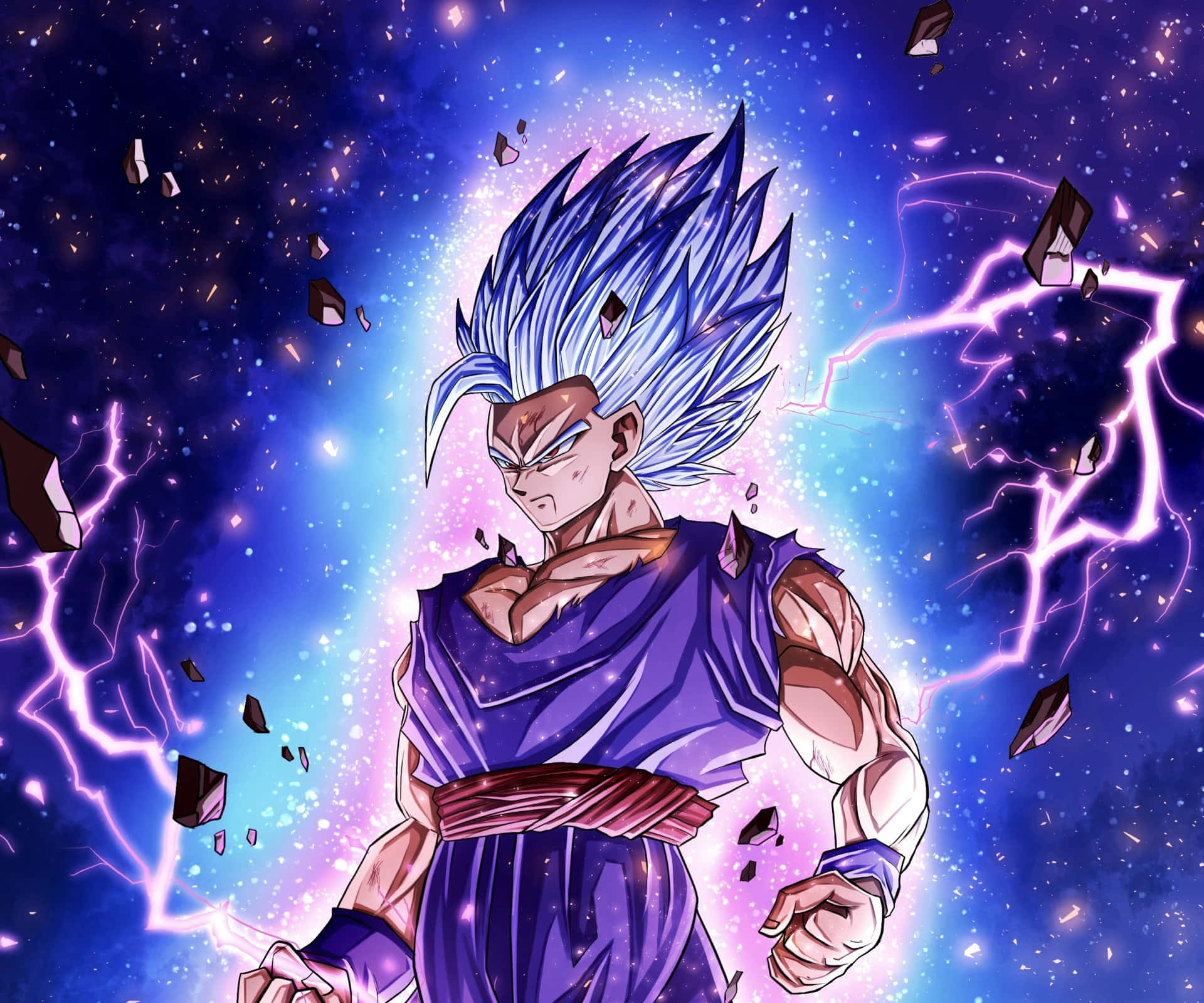  壁紙 — 一位擁有尖刺藍色頭髮的強大動漫戰士，站在宇宙閃電和漂浮碎片中，背景是繁星點點的紫色天空。