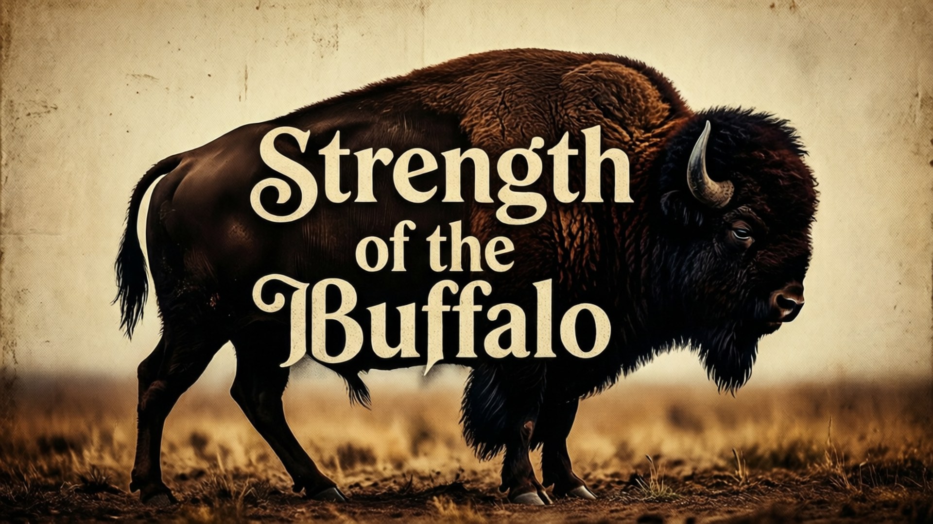 Strength of the Buffalo 壁紙 — 一頭強壯的野牛站在金色的田野中，上面覆蓋著優雅的奶油色字體「Strength of the Buffalo」。