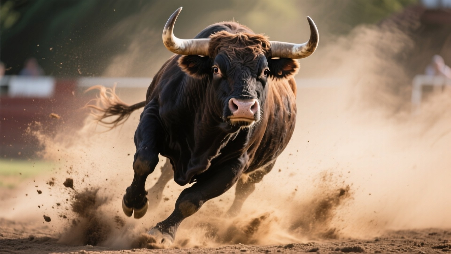Charging Ox 壁紙 — 一頭強壯的黑牛，彎曲的牛角向前衝，在陽光明媚的競技場上揚起灰塵。
