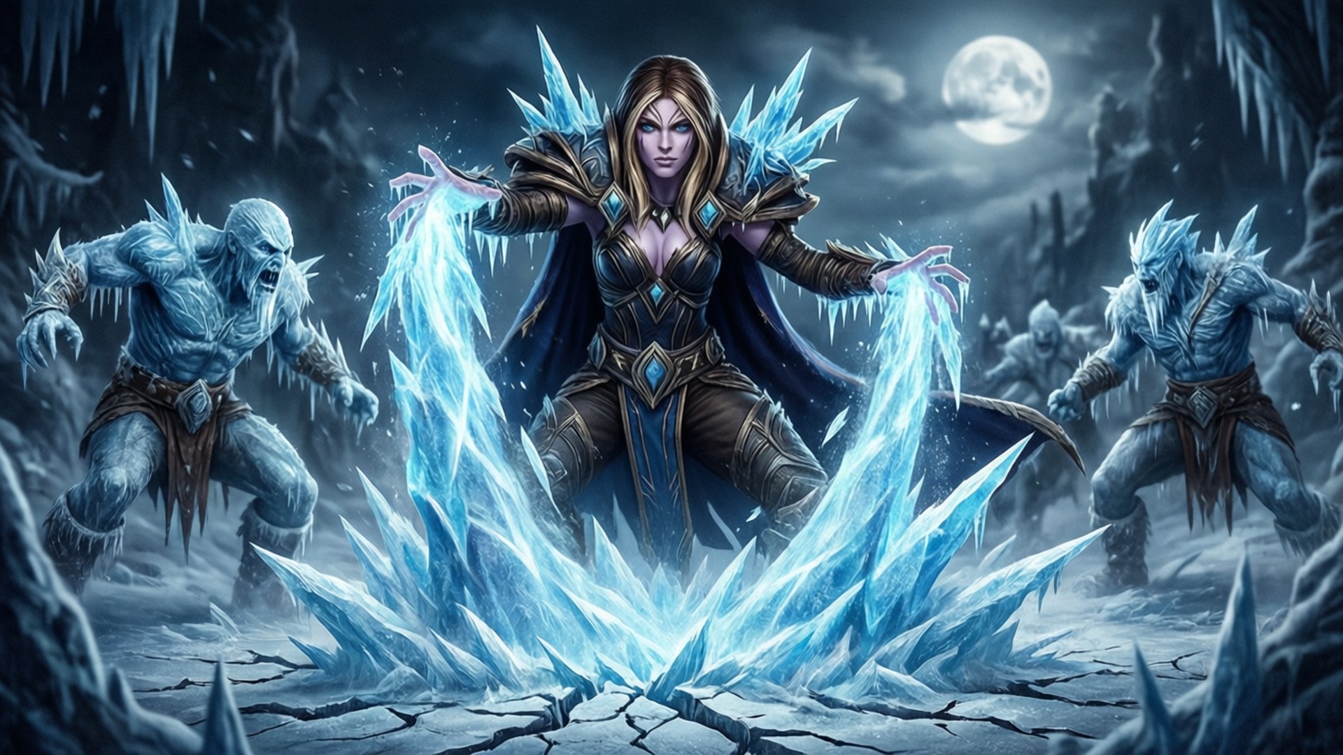 Jaina Proudmoore 桌布 壁紙 — 一位強大的冰法師在月光照耀的冰凍洞穴中指揮結晶霜凍，兩旁有冰霜戰士護衛。